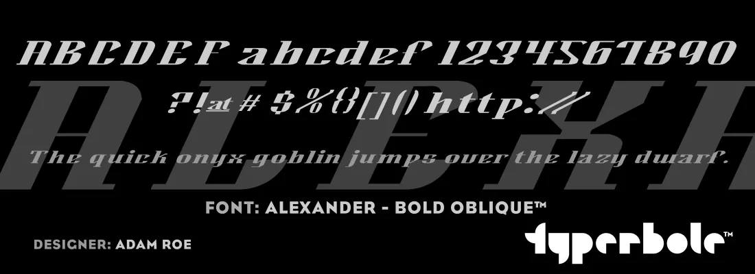 Alexander Bold Oblique font specimen
