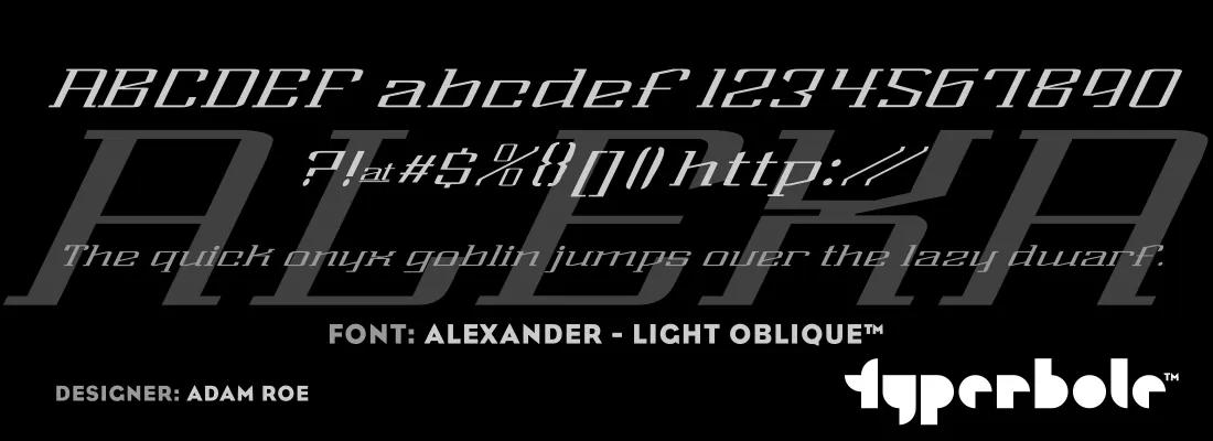 Alexander Light Oblique font specimen