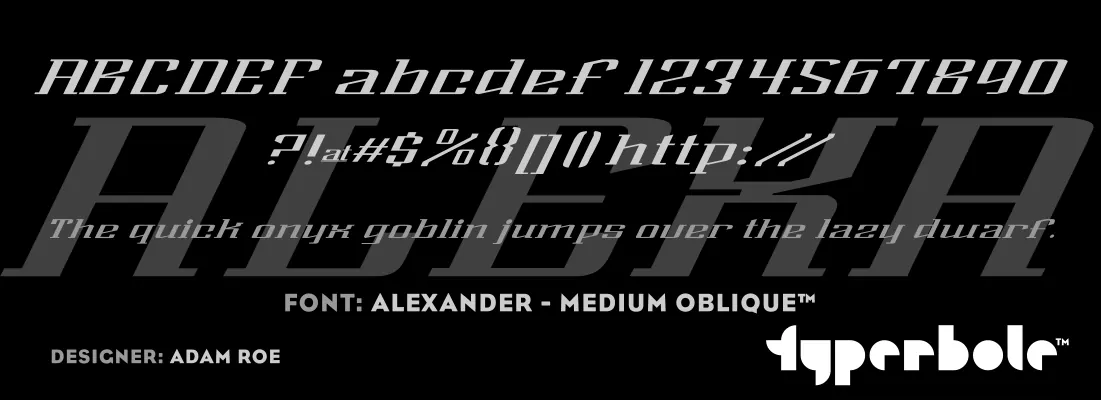 Alexander Medium Oblique font specimen